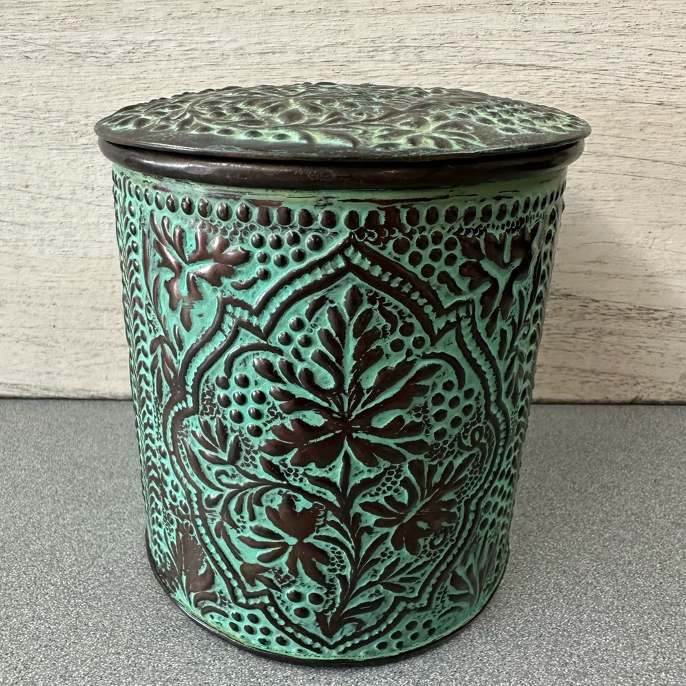 Turquoise and Brown Embossed Canister - Picture 1 of 3